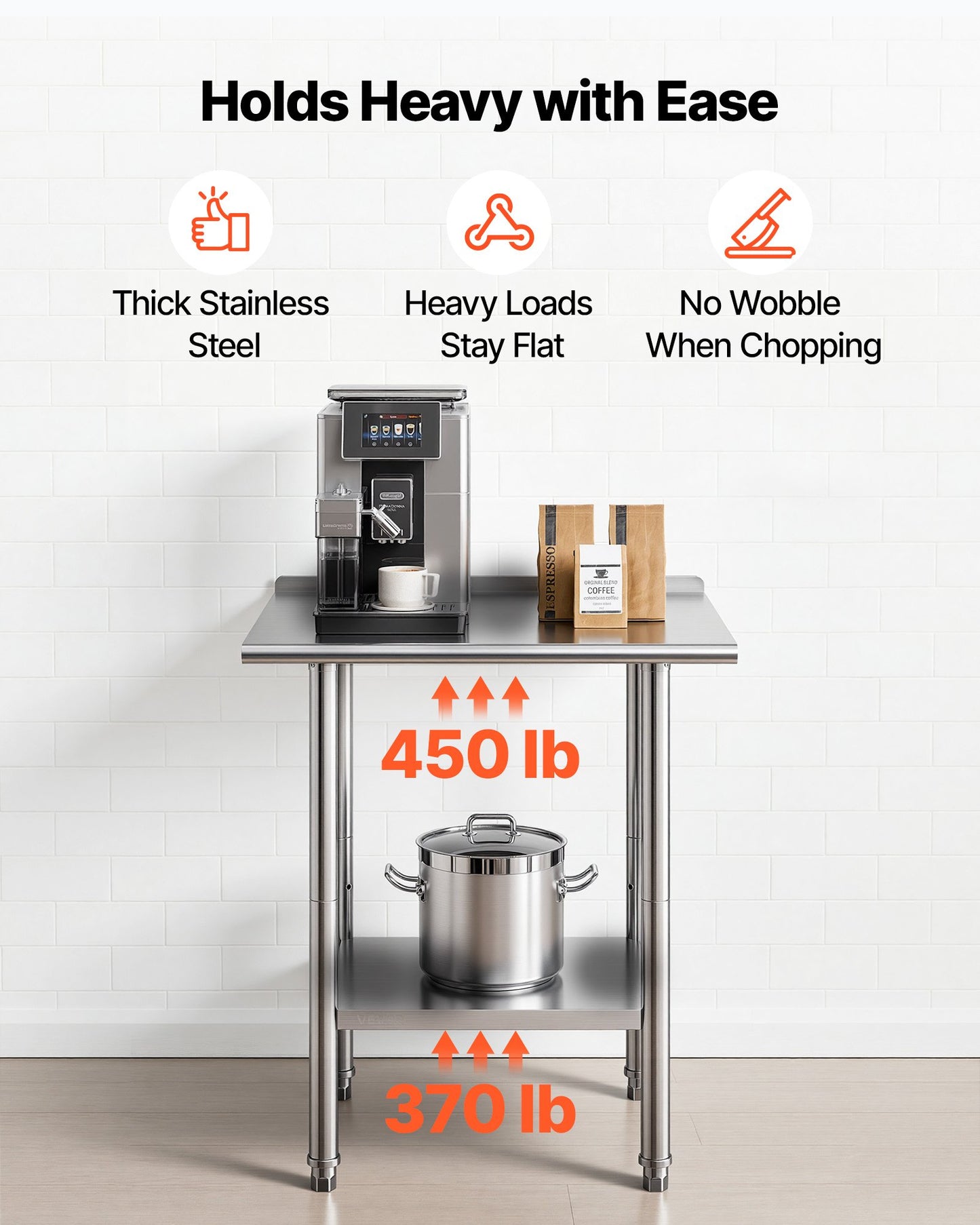 Stainless Steel Work Table, 61x76 cm Food Prep Table with Backsplash, Commercial Kitchen Workstation with Adjustable Undershelf, Metal Heavy Duty Utility Worktable, for Restaurant Outdoor