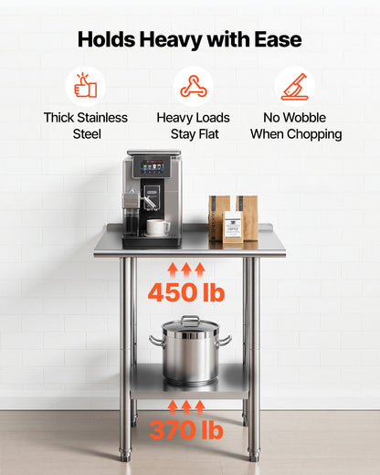 Stainless Steel Work Table, 61x76 cm Food Prep Table with Backsplash, Commercial Kitchen Workstation with Adjustable Undershelf, Metal Heavy Duty Utility Worktable, for Restaurant Outdoor