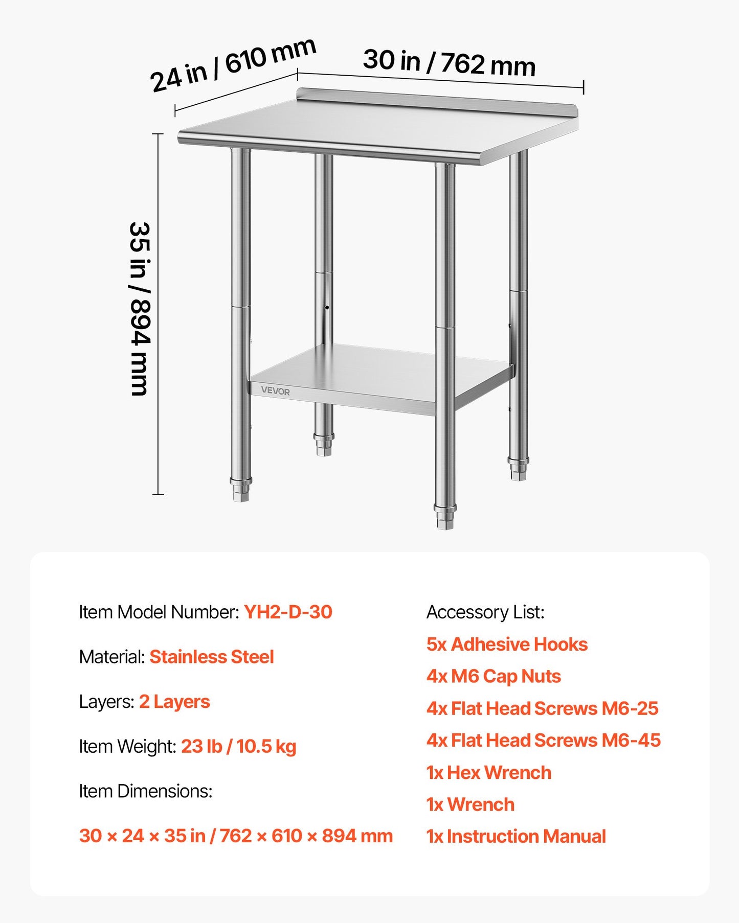 Stainless Steel Work Table, 61x76 cm Food Prep Table with Backsplash, Commercial Kitchen Workstation with Adjustable Undershelf, Metal Heavy Duty Utility Worktable, for Restaurant Outdoor