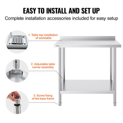 VEVOR 24 x 36 x 36 Inch Stainless Steel Work Table, Commercial Food Prep Worktable