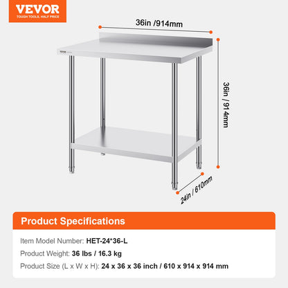 VEVOR 24 x 36 x 36 Inch Stainless Steel Work Table, Commercial Food Prep Worktable