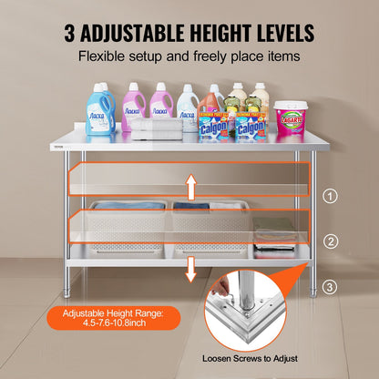 Stainless Steel Work Table, 0.6 x 1.5 x 0.9m, Adjustable Height for Kitchen Use
