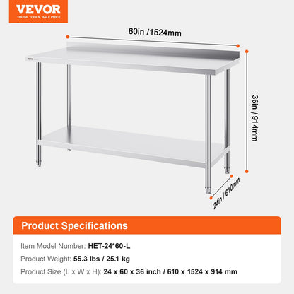 VEVOR 24 x 60 x 36 Inch Stainless Steel Work Table, Commercial Food Prep Worktable