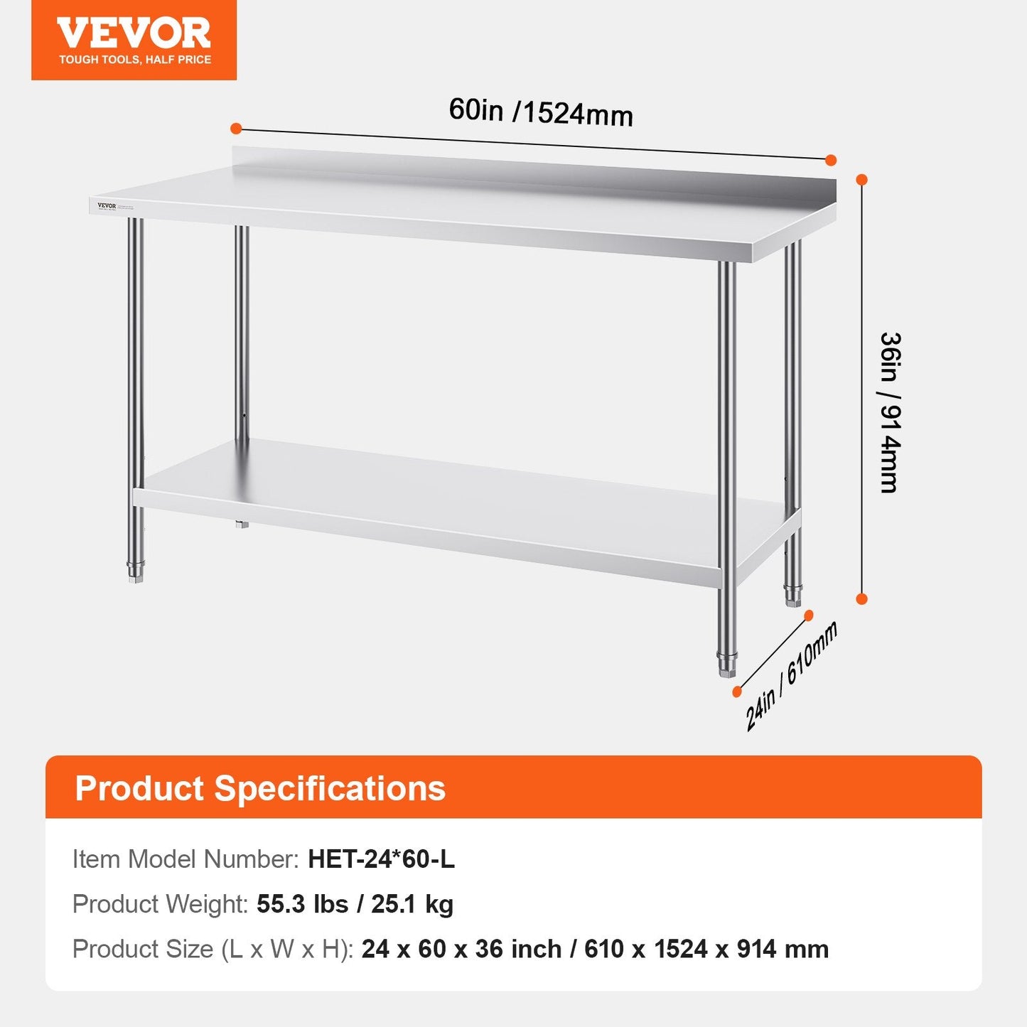 Stainless Steel Work Table, 0.6 x 1.5 x 0.9m, Adjustable Height for Kitchen Use