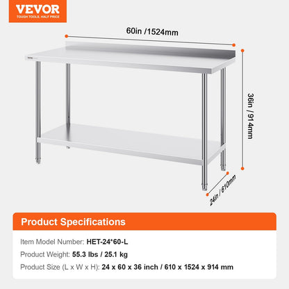 Stainless Steel Work Table, 0.6 x 1.5 x 0.9m, Adjustable Height for Kitchen Use