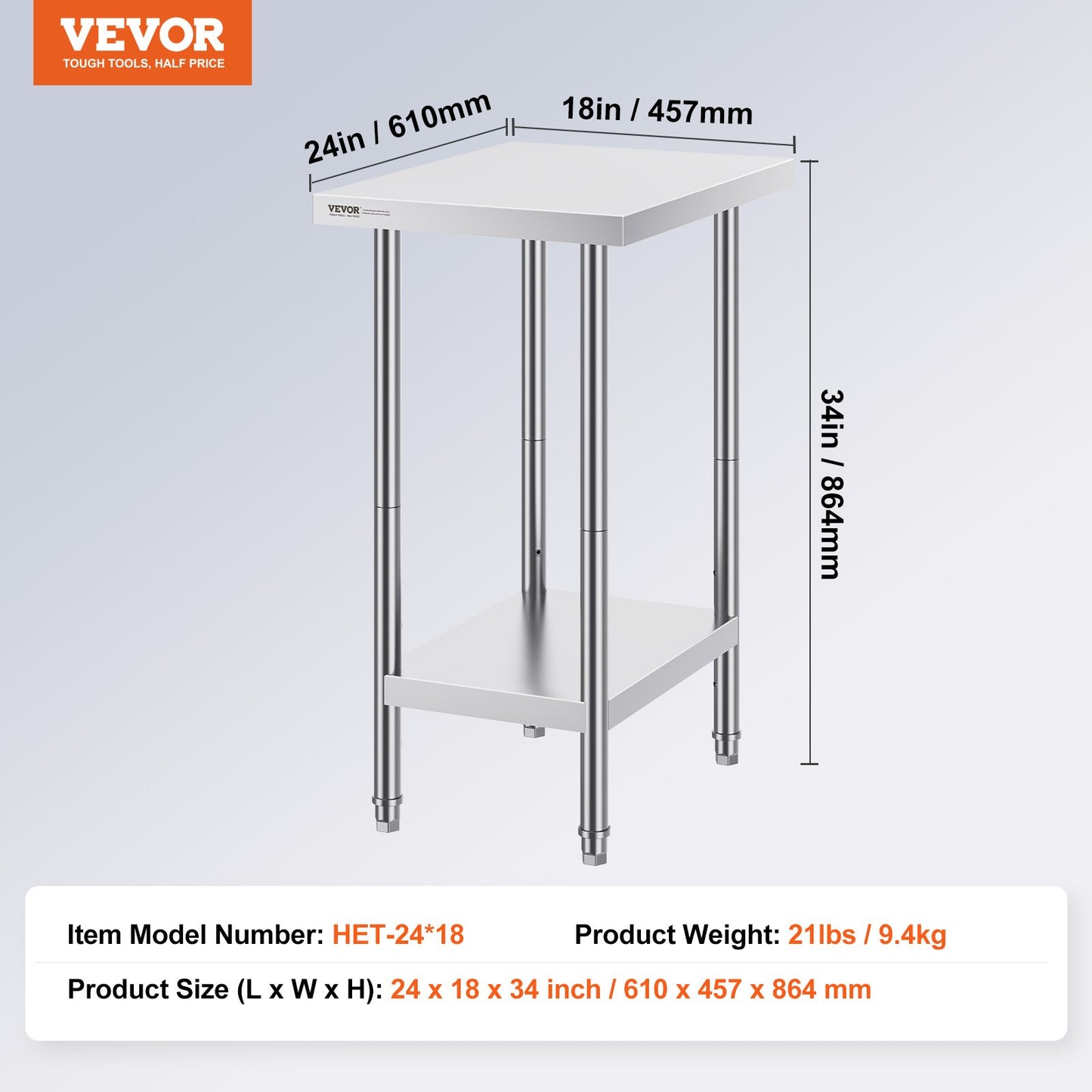 VEVOR Stainless Steel Prep Table, 24 x 18 x 34 Inch, Heavy Duty Metal Worktable