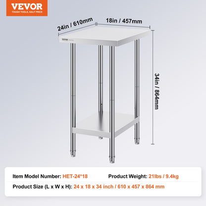 VEVOR Stainless Steel Prep Table, 24 x 18 x 34 Inch, Heavy Duty Metal Worktable
