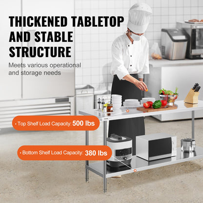 VEVOR Stainless Steel Prep Table, 24 x 72 x 34 Inch, Heavy Duty Metal Worktable