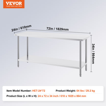 VEVOR Stainless Steel Prep Table, 24 x 72 x 34 Inch, Heavy Duty Metal Worktable