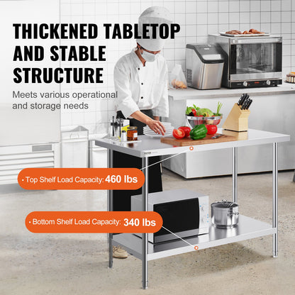 VEVOR Stainless Steel Prep Table, 24 x 48 x 34 Inch, Heavy Duty Metal Worktable