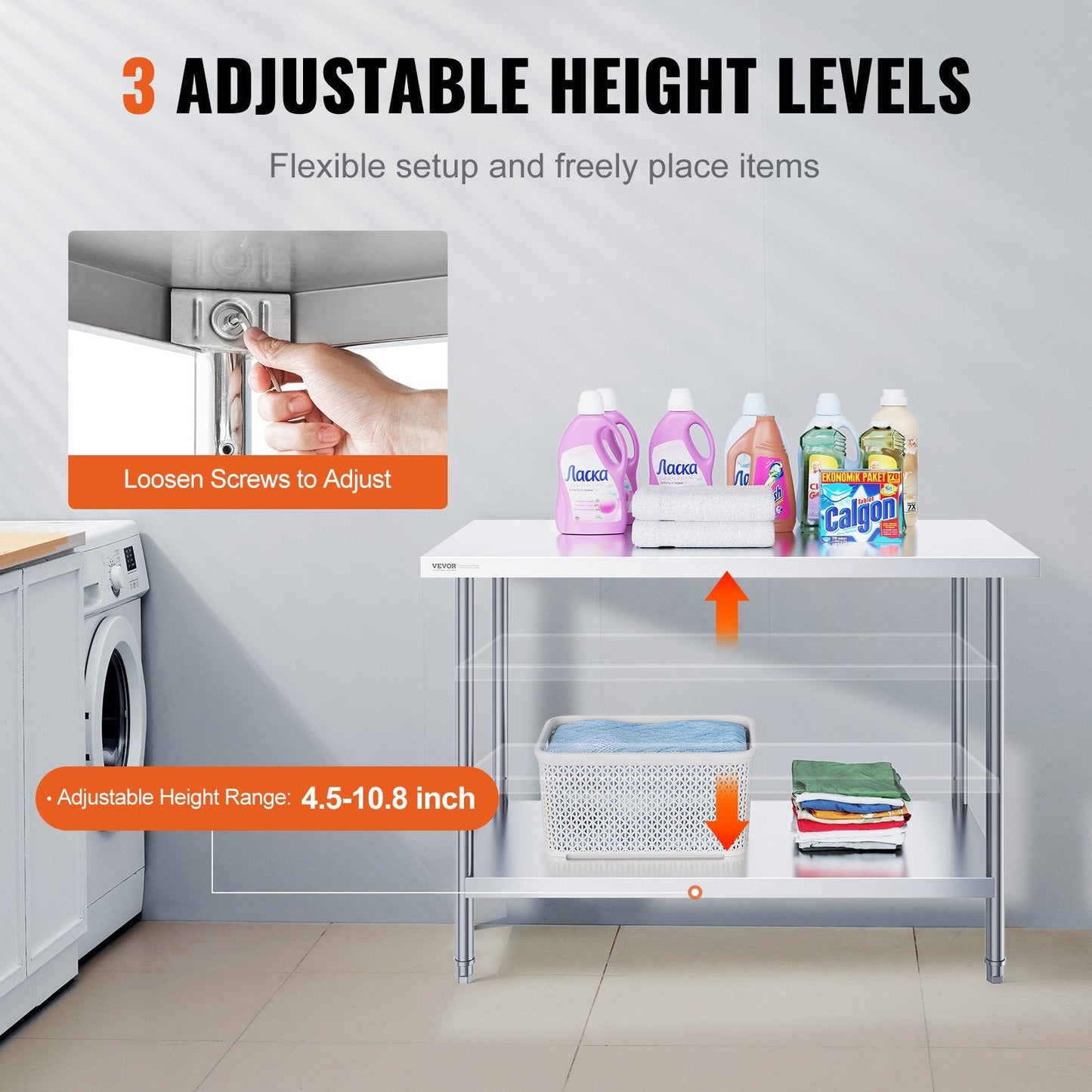 Stainless Steel Worktable, 0.6 x 1.2 x 0.86 m, Adjustable Heights for Versatile Use