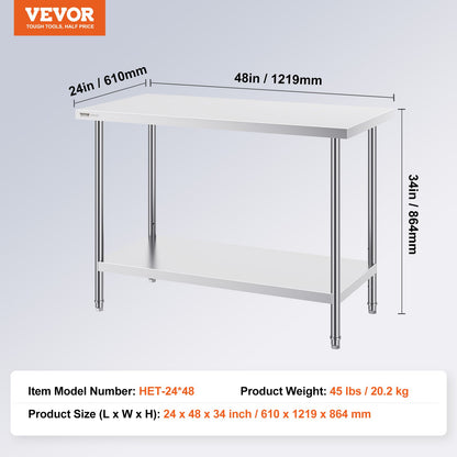 VEVOR Stainless Steel Prep Table, 24 x 48 x 34 Inch, Heavy Duty Metal Worktable