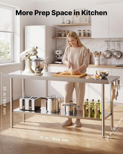 Stainless Steel Work Table, 61x183 cm Food Prep Table with Backsplash, Commercial Kitchen Workstation with Adjustable Undershelf, Metal Heavy Duty Utility Worktable, for Restaurant Home Outdoor