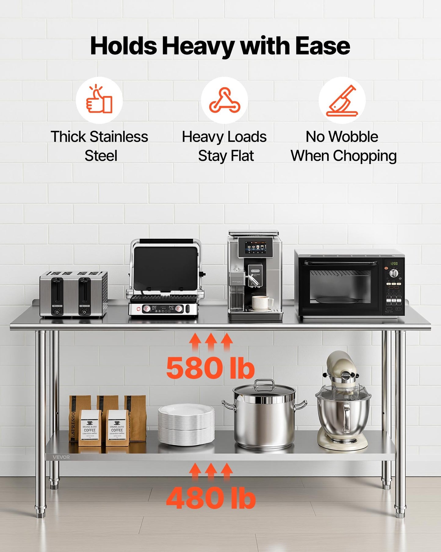 Stainless Steel Work Table, 61x183 cm Food Prep Table with Backsplash, Commercial Kitchen Workstation with Adjustable Undershelf, Metal Heavy Duty Utility Worktable, for Restaurant Home Outdoor