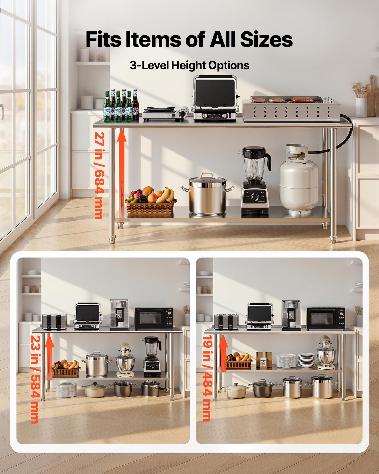 Stainless Steel Work Table, 61x183 cm Food Prep Table with Backsplash, Commercial Kitchen Workstation with Adjustable Undershelf, Metal Heavy Duty Utility Worktable, for Restaurant Home Outdoor