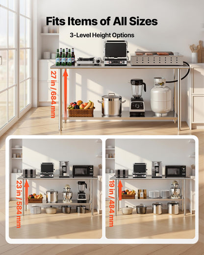 Stainless Steel Work Table, 61x183 cm Food Prep Table with Backsplash, Commercial Kitchen Workstation with Adjustable Undershelf, Metal Heavy Duty Utility Worktable, for Restaurant Home Outdoor