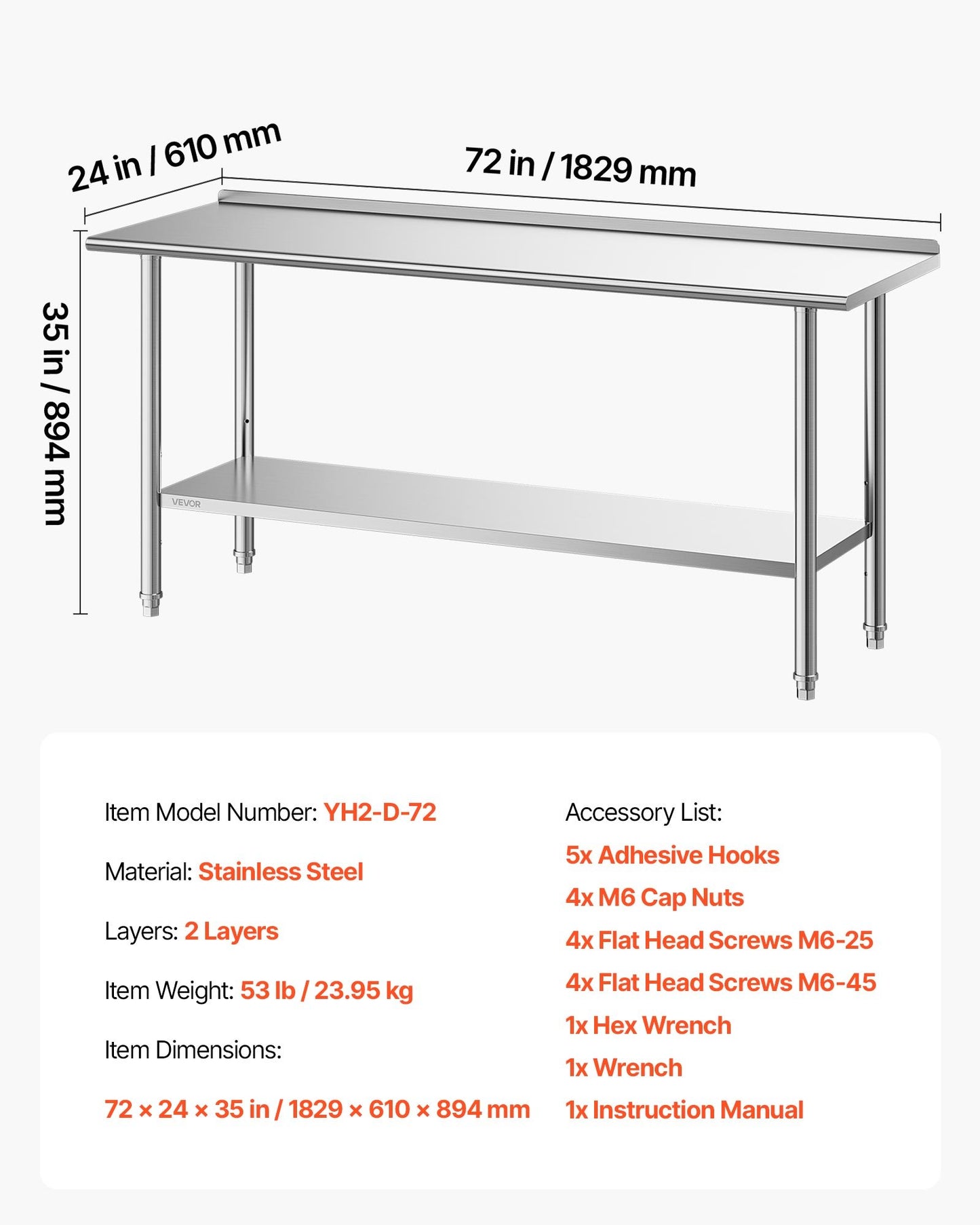 Stainless Steel Work Table, 61x183 cm Food Prep Table with Backsplash, Commercial Kitchen Workstation with Adjustable Undershelf, Metal Heavy Duty Utility Worktable, for Restaurant Home Outdoor