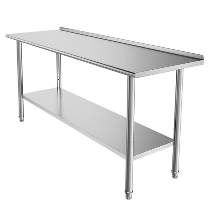 Stainless Steel Work Table, 61x183 cm Food Prep Table with Backsplash, Commercial Kitchen Workstation with Adjustable Undershelf, Metal Heavy Duty Utility Worktable, for Restaurant Home Outdoor