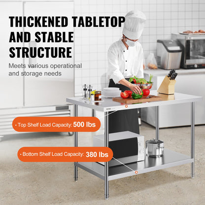 VEVOR Stainless Steel Prep Table, 30 x 48 x 34 Inch, Heavy Duty Metal Worktable