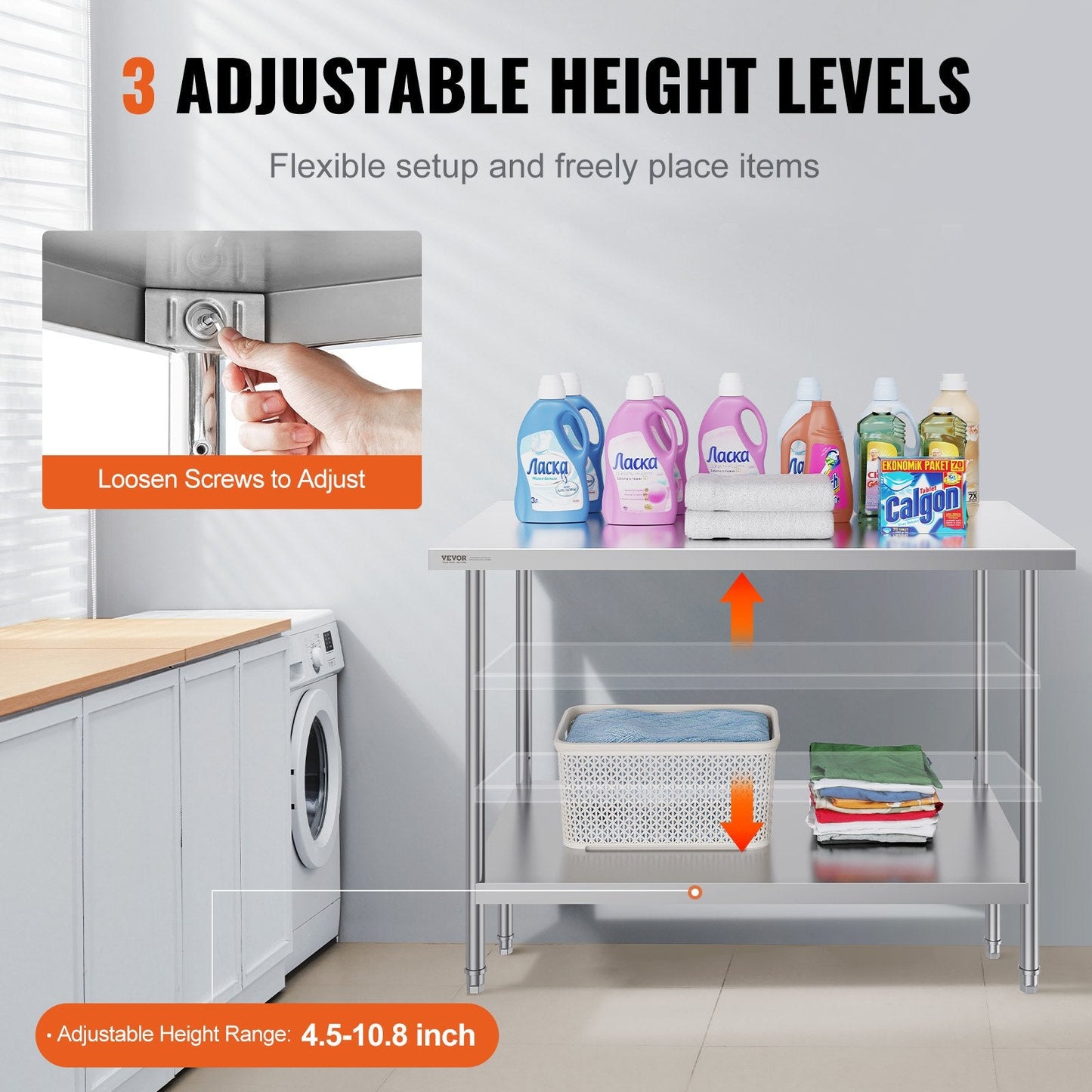 Stainless Steel Work Table, 0.76 x 1.22 x 0.86 m, Adjustable Height for Kitchen