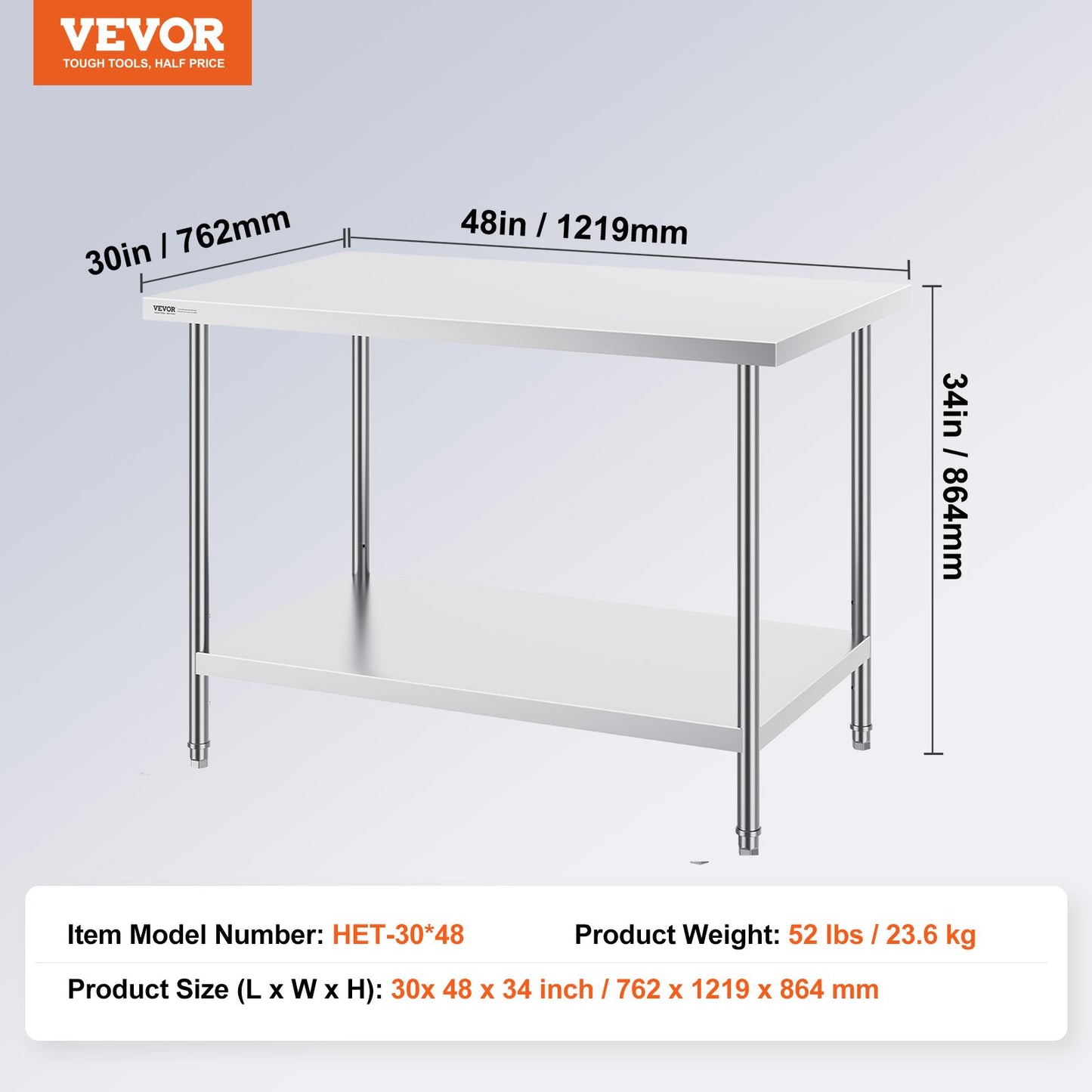 VEVOR Stainless Steel Prep Table, 30 x 48 x 34 Inch, Heavy Duty Metal Worktable