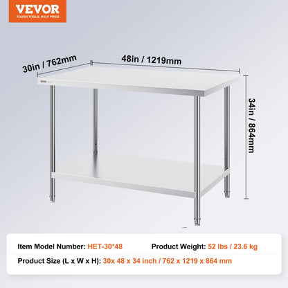 VEVOR Stainless Steel Prep Table, 30 x 48 x 34 Inch, Heavy Duty Metal Worktable