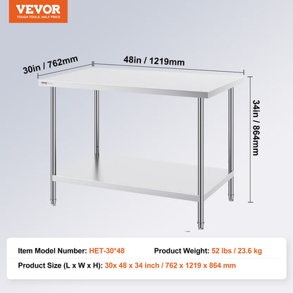 Stainless Steel Work Table, 0.76 x 1.22 x 0.86 m, Adjustable Height for Kitchen