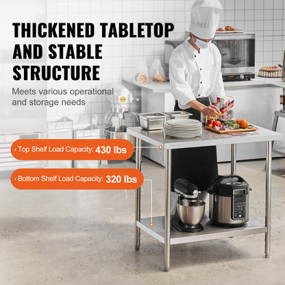 VEVOR Stainless Steel Prep Table, 24 x 36 x 34 Inch, Heavy Duty Metal Worktable