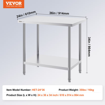 VEVOR Stainless Steel Prep Table, 24 x 36 x 34 Inch, Heavy Duty Metal Worktable