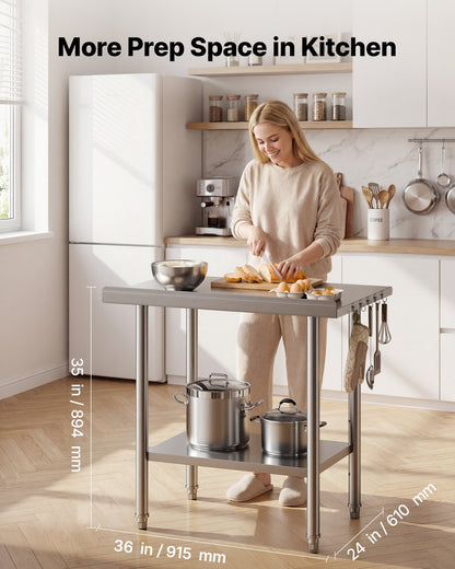 Stainless Steel Work Table, 61x91.5 cm Food Prep Table with Backsplash, Commercial Kitchen Workstation with Adjustable Undershelf, Metal Heavy Duty Utility Worktable, for Restaurant Home Outdoor