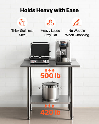 Stainless Steel Work Table, 61x91.5 cm Food Prep Table with Backsplash, Commercial Kitchen Workstation with Adjustable Undershelf, Metal Heavy Duty Utility Worktable, for Restaurant Home Outdoor