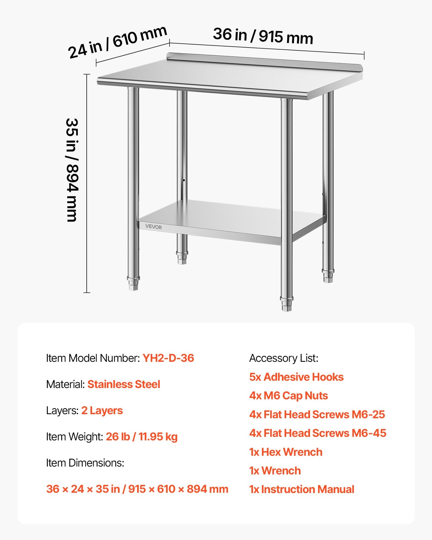 Stainless Steel Work Table, 61x91.5 cm Food Prep Table with Backsplash, Commercial Kitchen Workstation with Adjustable Undershelf, Metal Heavy Duty Utility Worktable, for Restaurant Home Outdoor