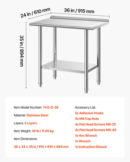 Stainless Steel Work Table, 61x91.5 cm Food Prep Table with Backsplash, Commercial Kitchen Workstation with Adjustable Undershelf, Metal Heavy Duty Utility Worktable, for Restaurant Home Outdoor