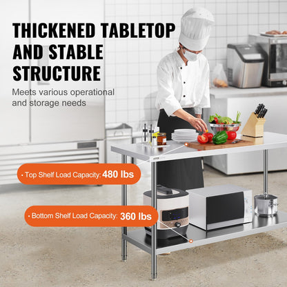 Stainless Steel Commercial Prep Table, Adjustable Height, 0.61 x 1.52 x 0.86m