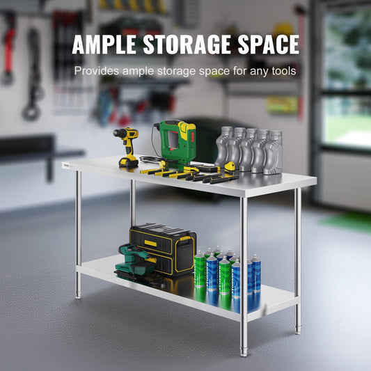 Stainless Steel Commercial Prep Table, Adjustable Height, 0.61 x 1.52 x 0.86m