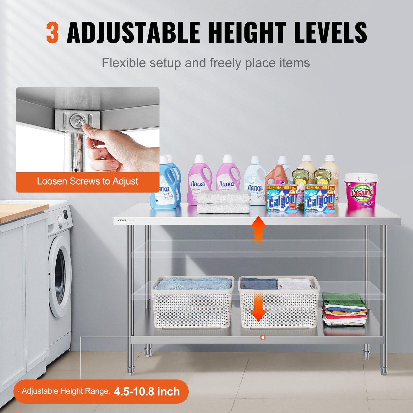 Stainless Steel Commercial Prep Table, Adjustable Height, 0.61 x 1.52 x 0.86m