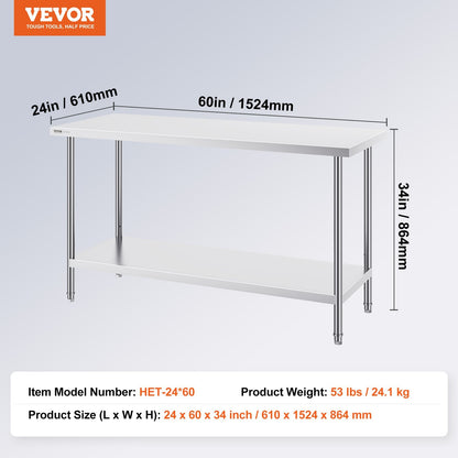 Stainless Steel Commercial Prep Table, Adjustable Height, 0.61 x 1.52 x 0.86m