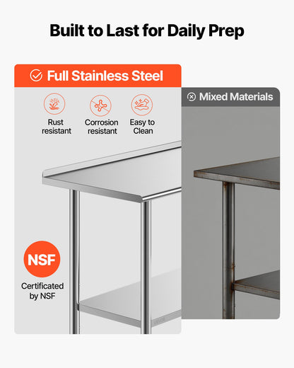 Stainless Steel Work Table, 61x152 cm Food Prep Table with Backsplash, Commercial Kitchen Workstation with Adjustable Undershelf, Metal Heavy Duty Utility Worktable, for Restaurant Home Outdoor