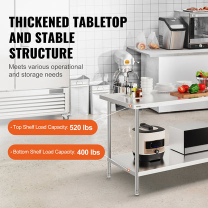 VEVOR Stainless Steel Prep Table, 30 x 72 x 34 Inch, Heavy Duty Metal Worktable