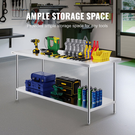 Stainless Steel Worktable, 0.76 x 1.83 x 0.86m, Adjustable Height, Heavy Duty