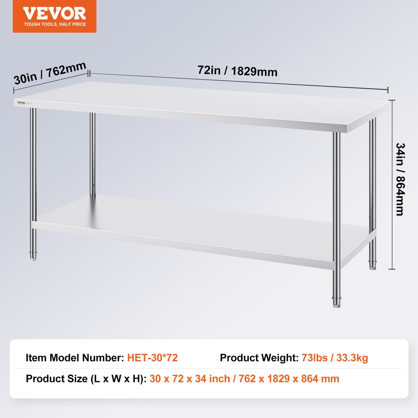 VEVOR Stainless Steel Prep Table, 30 x 72 x 34 Inch, Heavy Duty Metal Worktable