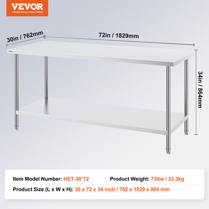 VEVOR Stainless Steel Prep Table, 30 x 72 x 34 Inch, Heavy Duty Metal Worktable