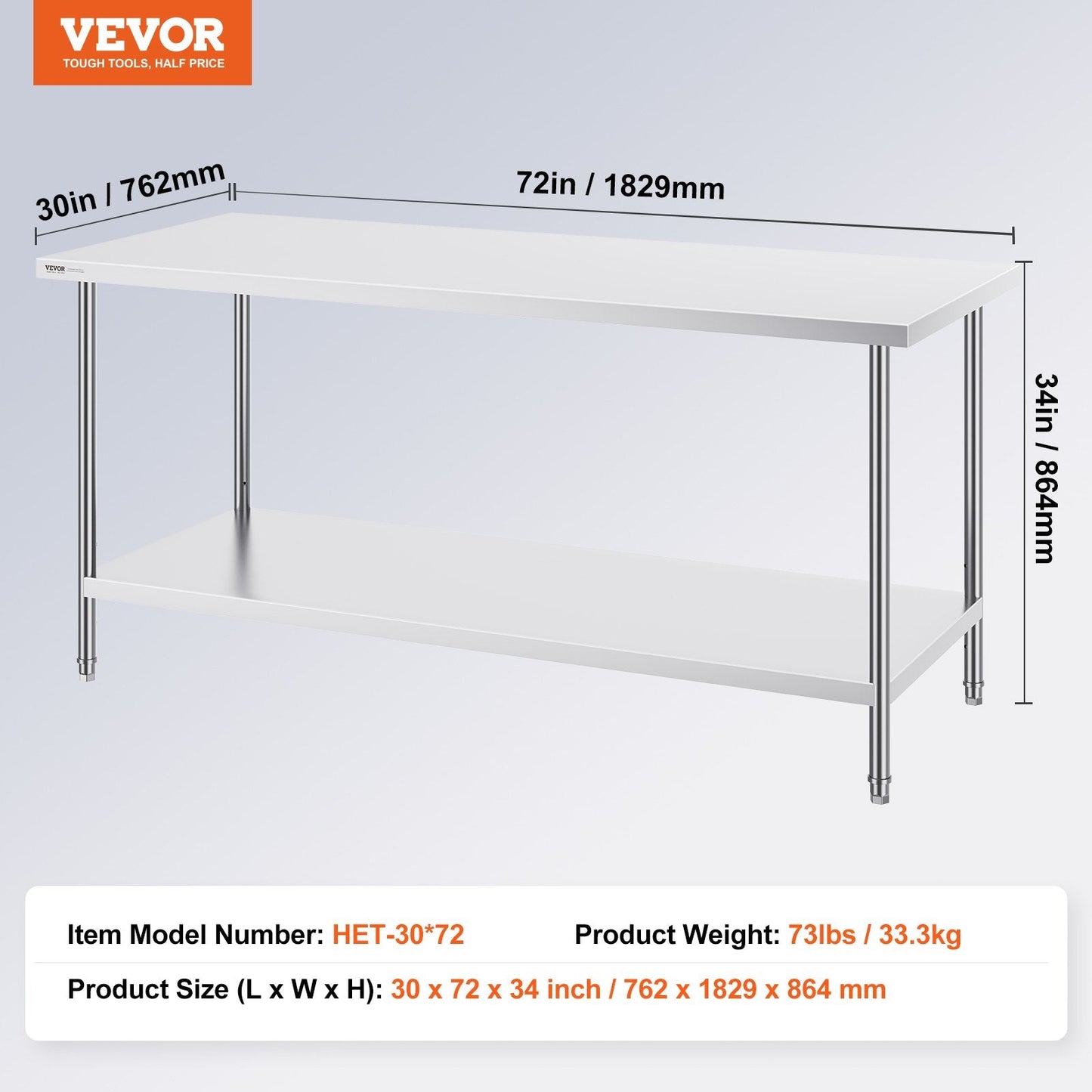 Stainless Steel Worktable, 0.76 x 1.83 x 0.86m, Adjustable Height, Heavy Duty