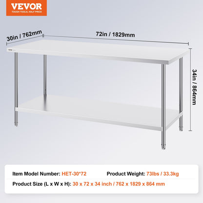 Stainless Steel Worktable, 0.76 x 1.83 x 0.86m, Adjustable Height, Heavy Duty