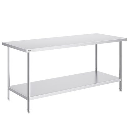 VEVOR Stainless Steel Prep Table, 30 x 72 x 34 Inch, Heavy Duty Metal Worktable
