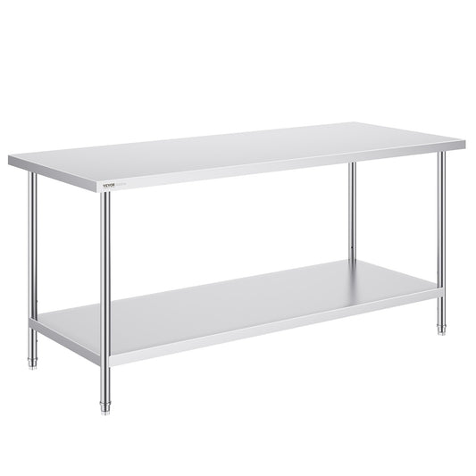 VEVOR Stainless Steel Prep Table, 30 x 72 x 34 Inch, Heavy Duty Metal Worktable