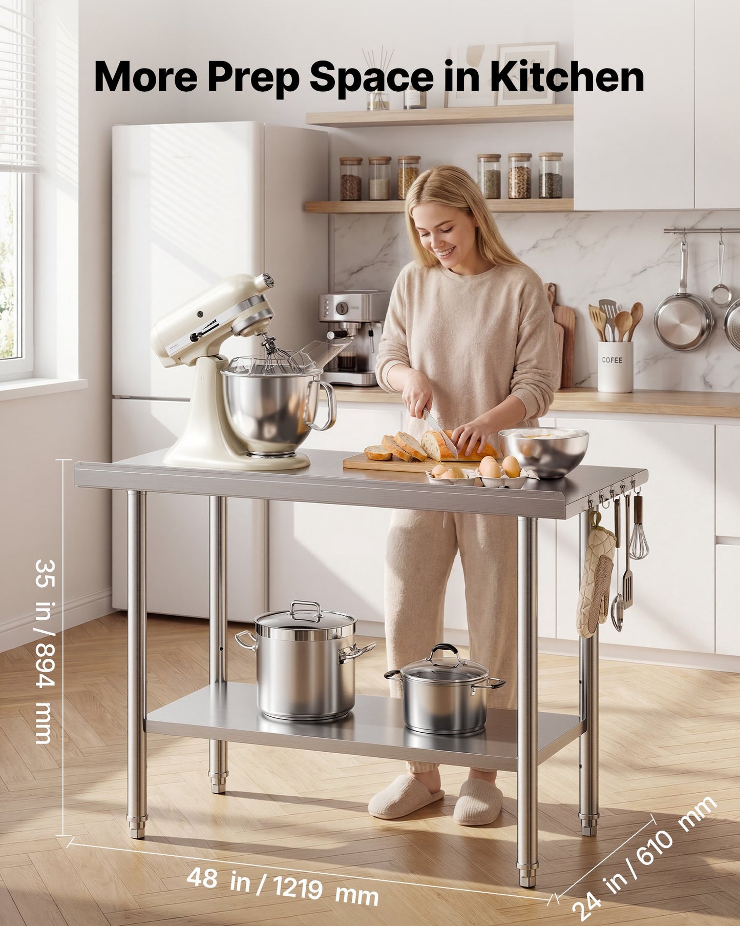 Stainless Steel Work Table, 61x122 cm Food Prep Table with Backsplash, Commercial Kitchen Workstation with Adjustable Undershelf, Metal Heavy Duty Utility Worktable, for Restaurant Home Outdoor