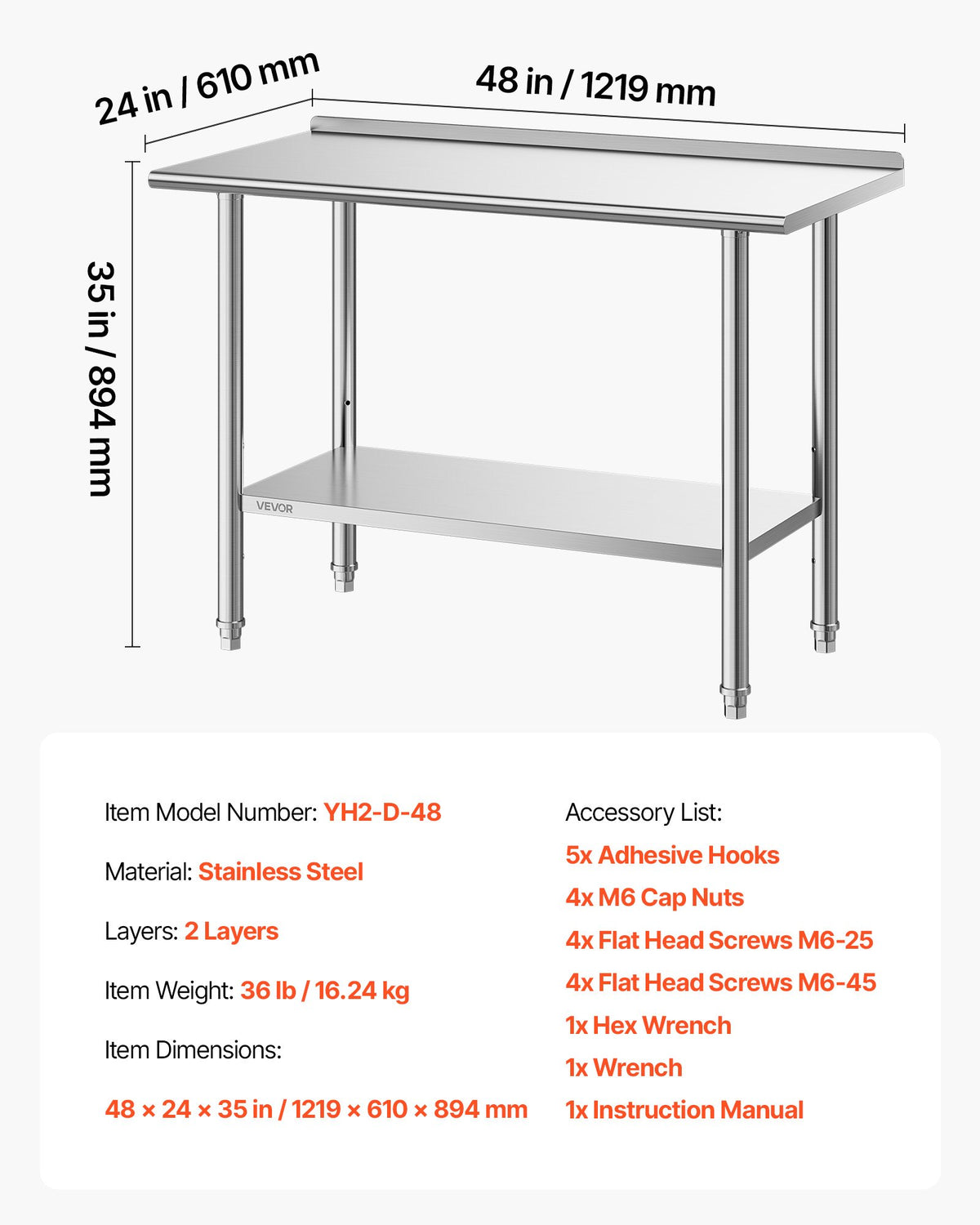 Stainless Steel Work Table, 61x122 cm Food Prep Table with Backsplash, Commercial Kitchen Workstation with Adjustable Undershelf, Metal Heavy Duty Utility Worktable, for Restaurant Home Outdoor