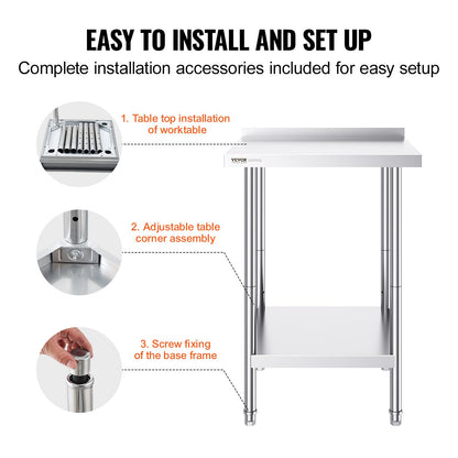 VEVOR 24 x 24 x 36 Inch Stainless Steel Work Table, Commercial Food Prep Worktable