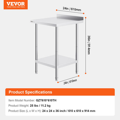 VEVOR 24 x 24 x 36 Inch Stainless Steel Work Table, Commercial Food Prep Worktable